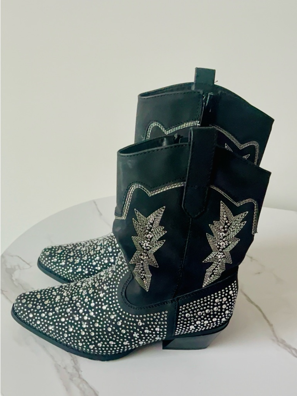 Girls Black Western Studded Mid-Calf Boots